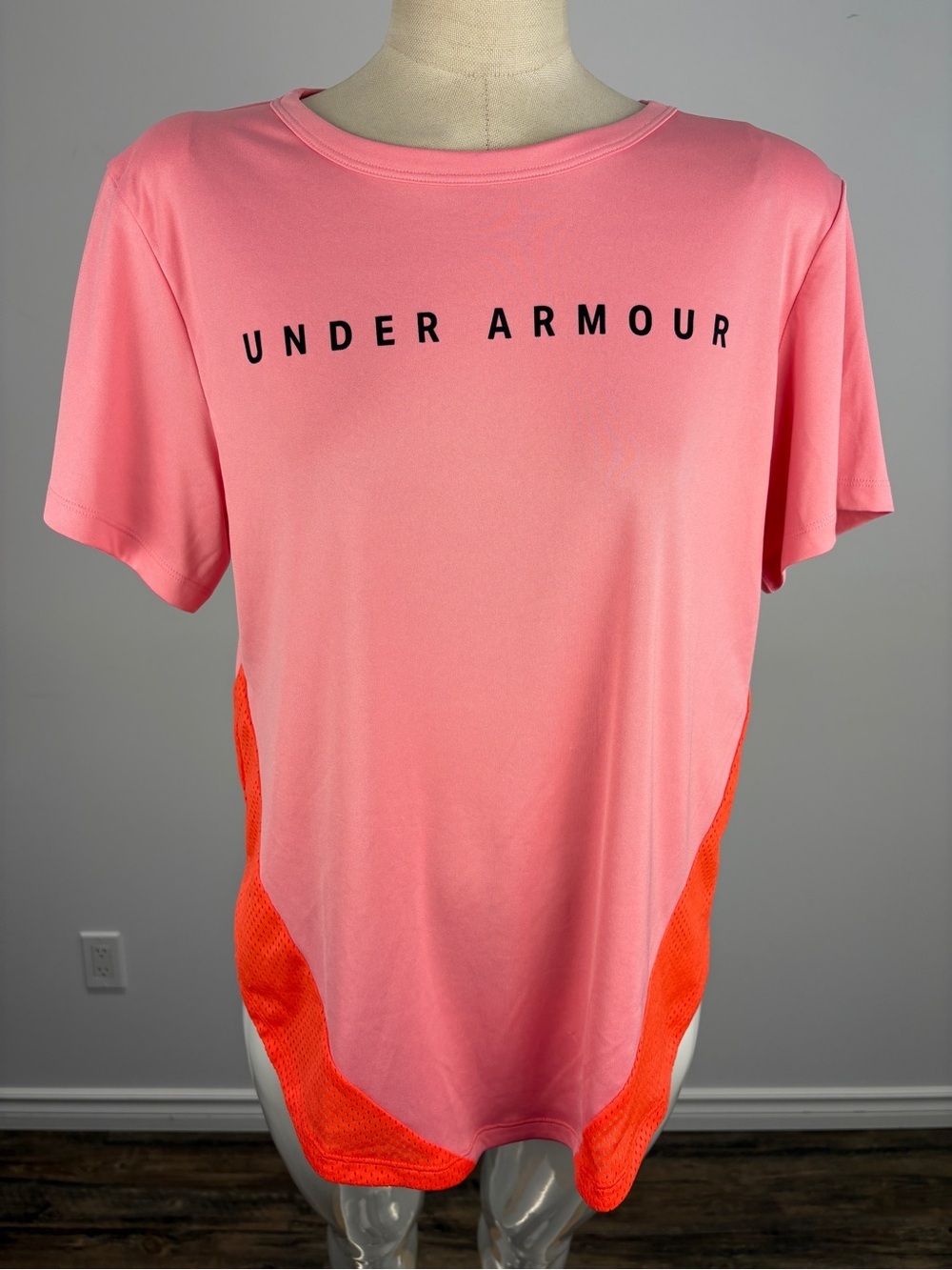 Under Armour Pink & Orange Colorblock Mesh Hem Workout Tee